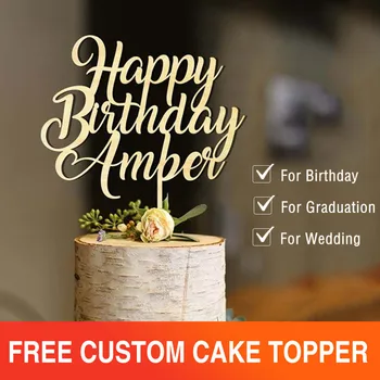  Нов Честит Рожден Ден Торта Topper Персонализирани Името На Дървен Декор На Тортата Потребителски Сватбени Подаръци Торта Topper За Детски Рожден Ден