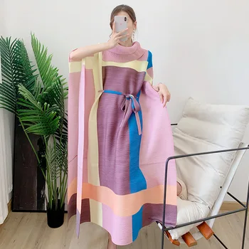  Плиссированное рокля с принтом miyake, новост есента 2022, женствена рокля в ретро стил, с ревери, безплатно, тънка, голям размер, дълга пола в сгъвката на